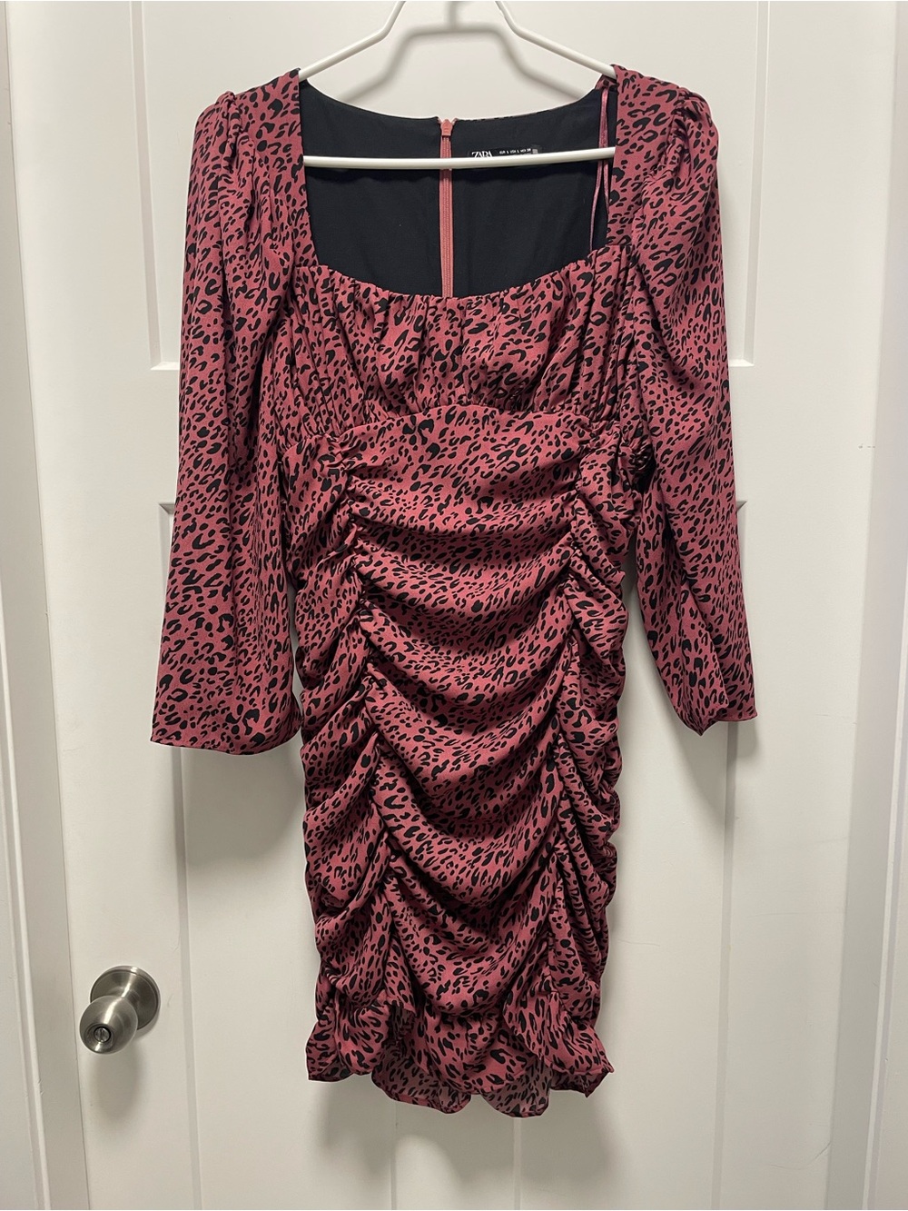 ZARA Ruched Square-Neck Mini Dress in Rust Leopard - Picture 2 of 5